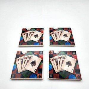 Vintage Absorbent Stone Trivet Coasters Poker Casino Card Design 3.5 in Lot of 4